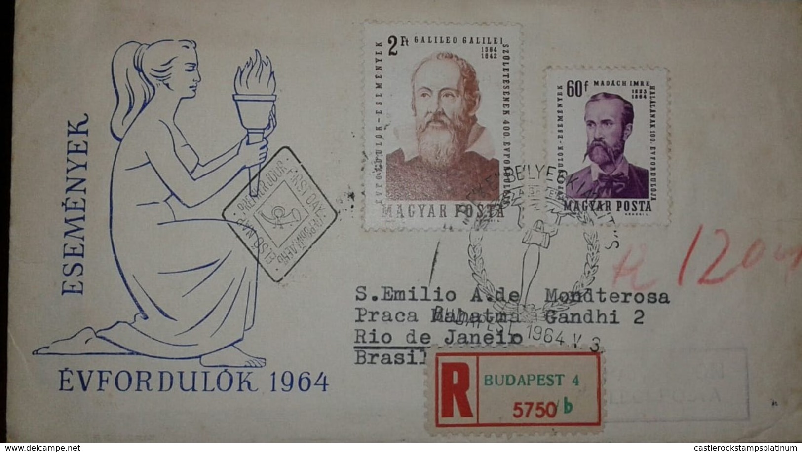 O) 1964 HUNGARY, GALILEO GALILEI -IMRE MADACH, REGISTERED FROM BUDAPEST TO BRAZIL - Chile