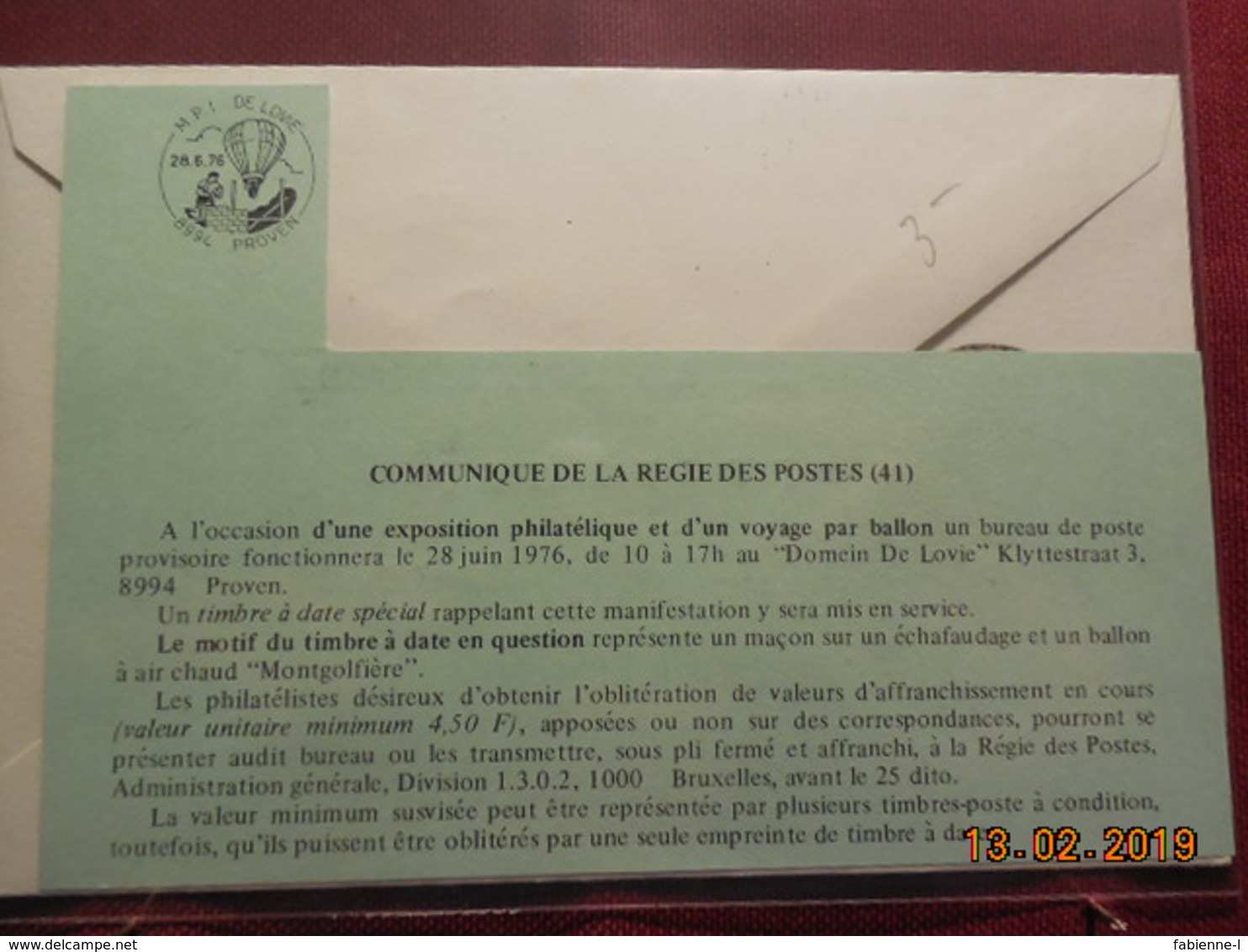 Lettre De Belgique Par Ballon De 1976 - Lettres & Documents