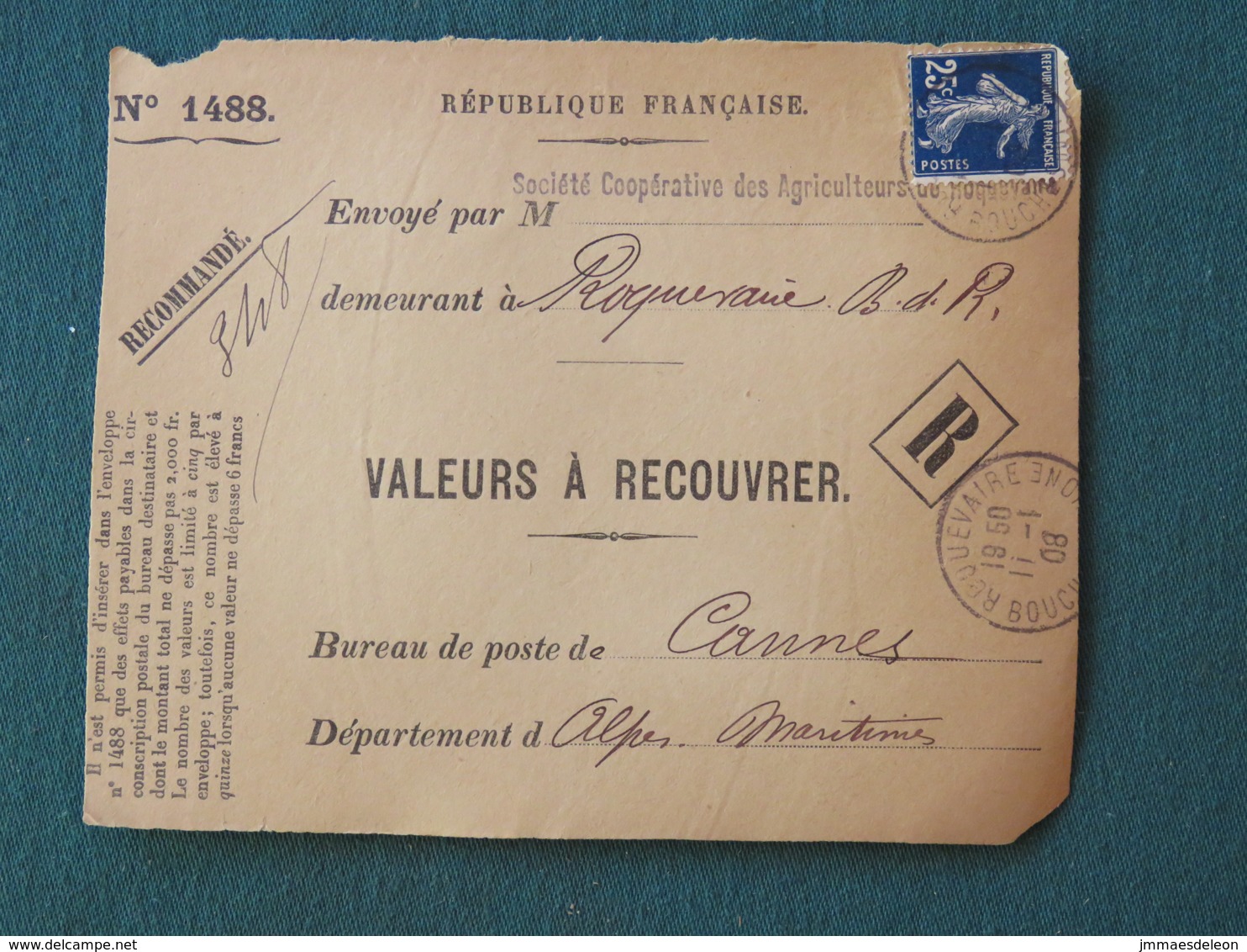 France 1908 Front Of Registered Cover "valeurs A Recouvrer" Roquevaire To Cannes - Semeuse - Agriculture - Lettres & Documents