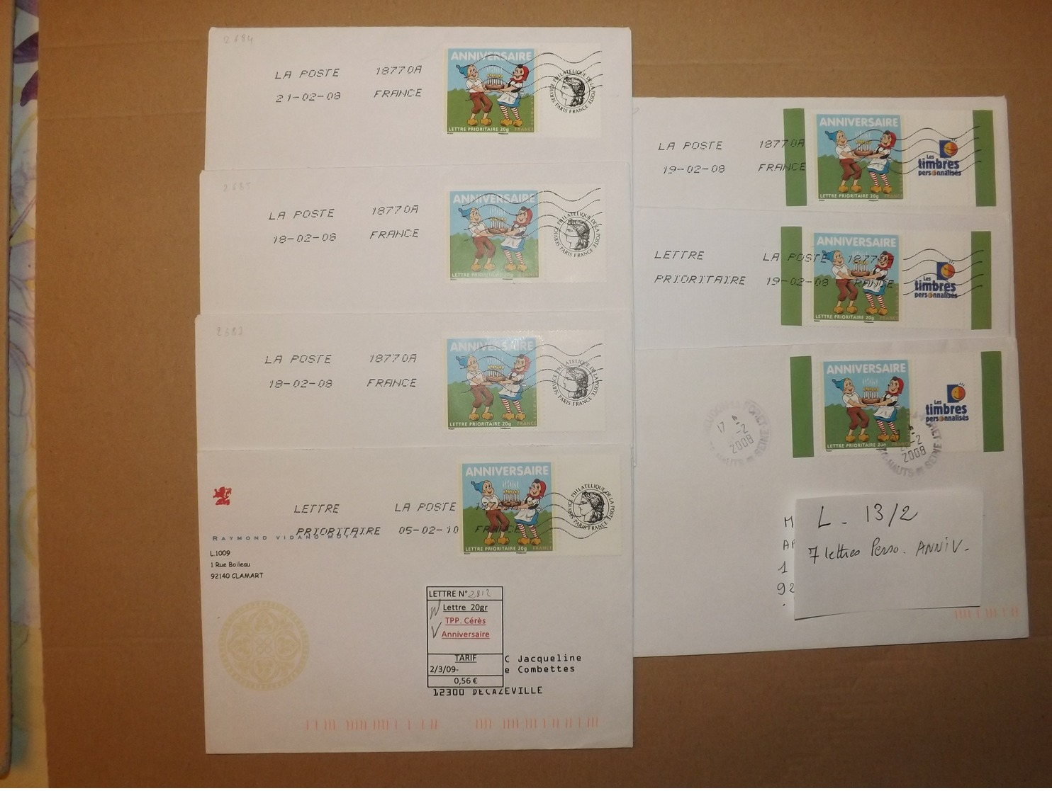(L13-2)    7 Timbres Sur Lettres Personnalisées  TPP "Anniversaire "  Enveloppes Tres Bon Etat - Autres & Non Classés
