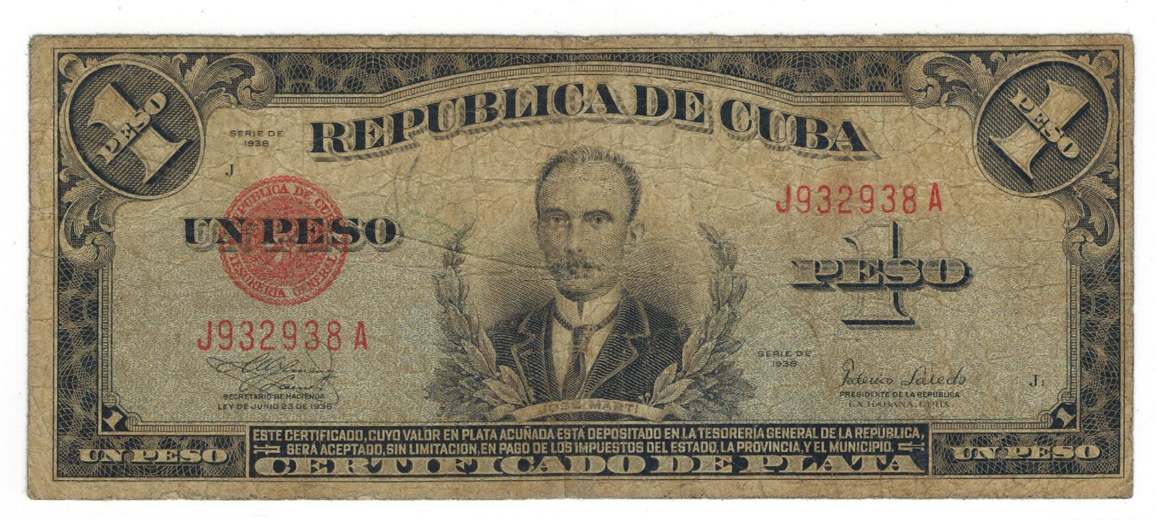 Cuba 1 Peso Certificado De Plata, 1938, VG. Rare. SEE DESCRIPTION CAREFULLY. - Cuba