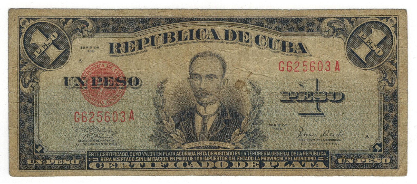 Cuba 1 Peso Certificado De Plata, 1938, VG. Rare. SEE DESCRIPTION CAREFULLY. - Cuba