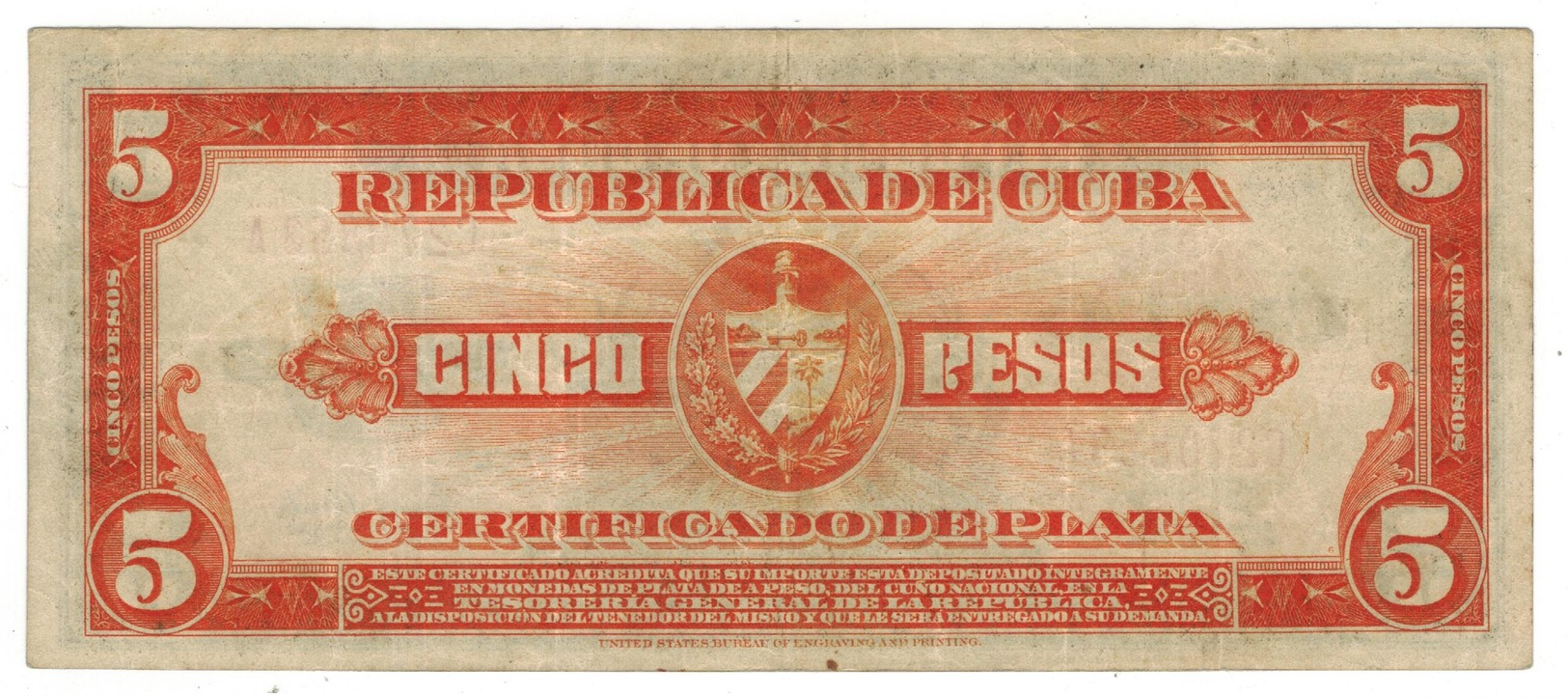 Cuba 5 Pesos Certificado De Plata, 1938, Crisp VF. Rare. SEE DESCRIPTION CAREFULLY. - Cuba