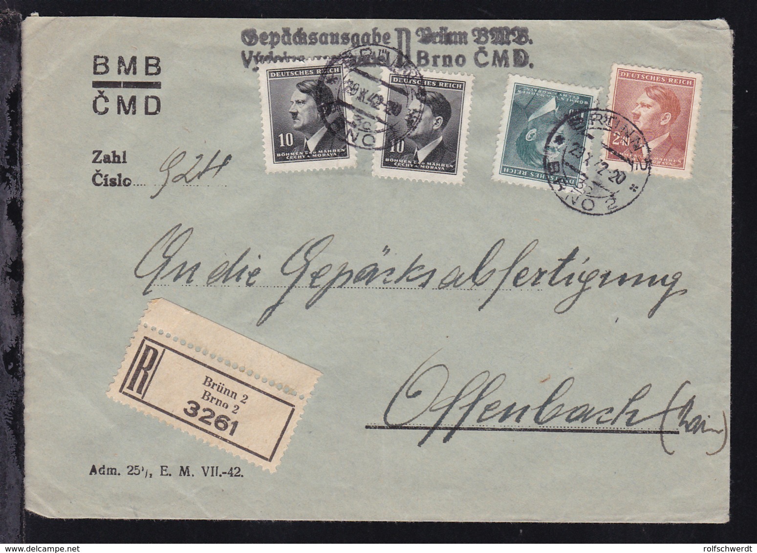 Hitler 10 H. (2x), 1,60 Kr. Und 2,40 Kr. Auf R-Briefder BMB-CMD Gepäckausgabe - Besetzungen 1938-45