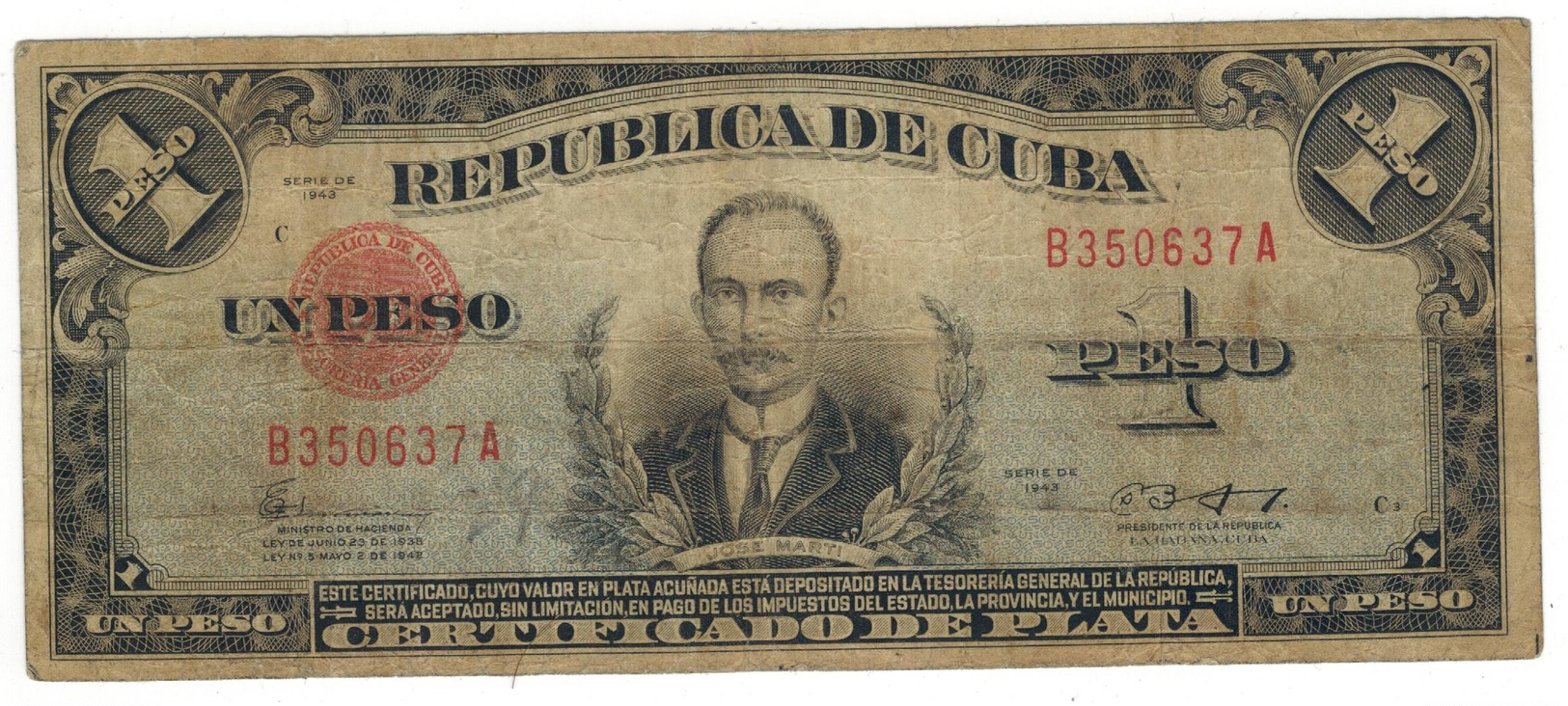 Cuba 1 Peso Certificado De Plata, 1943, VG. Rare. SEE DESCRIPTION CAREFULLY. - Cuba