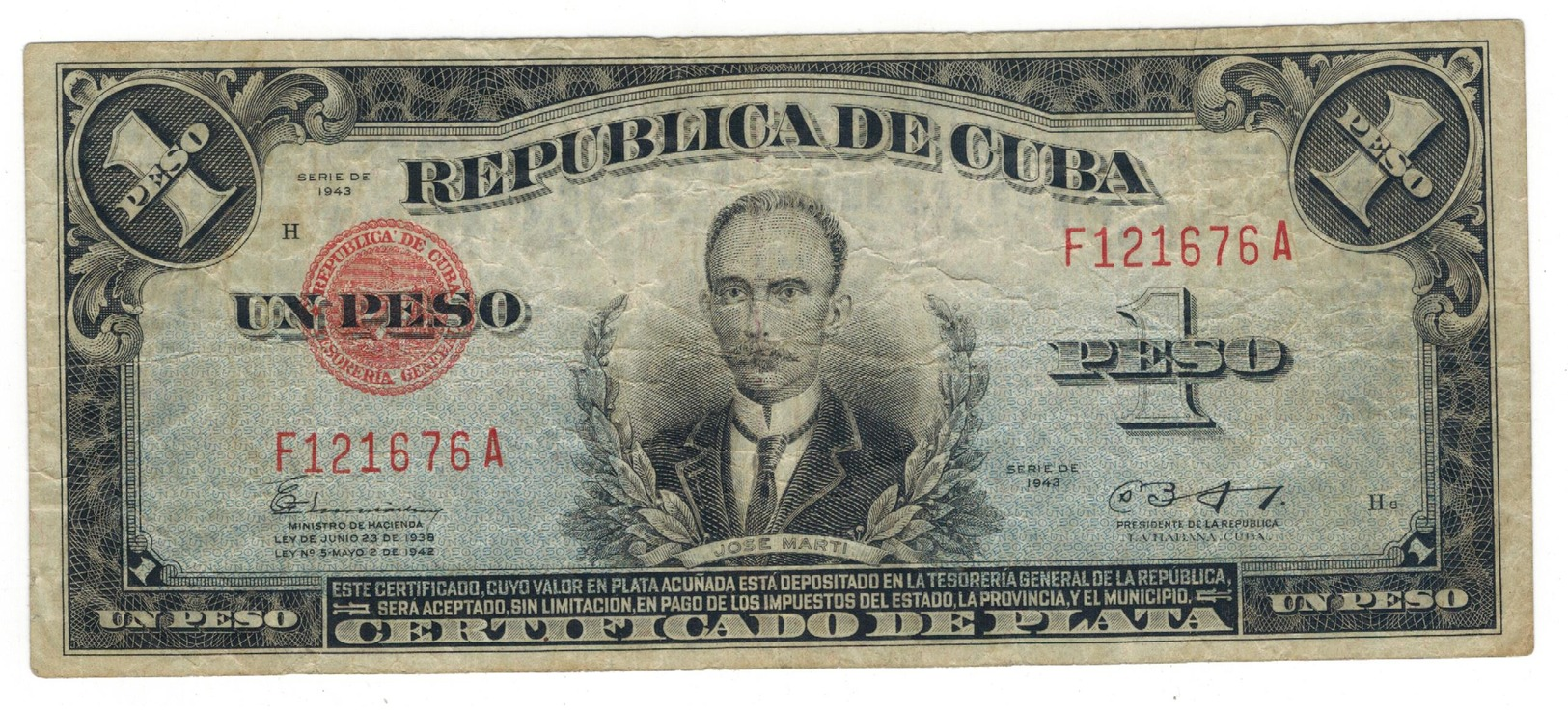 Cuba 1 Peso Certificado De Plata, 1943, VG+. Rare. SEE DESCRIPTION CAREFULLY. - Cuba