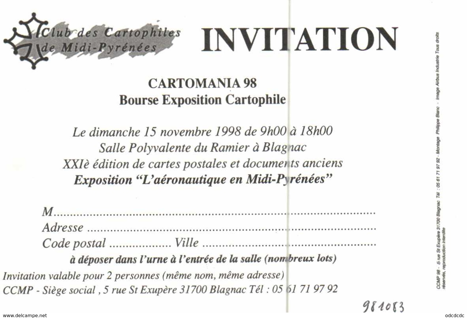 CARTOMANIA  15 Novembre 98 BLAGNAC  L' Aéronautique En Midi Pyrénées Avion  RV - Bourses & Salons De Collections