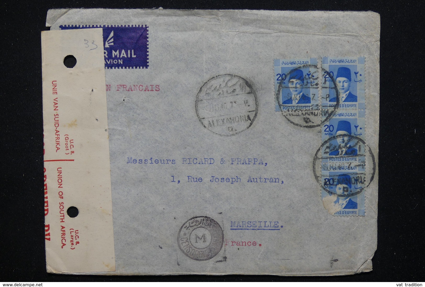 EGYPTE - Enveloppe Commerciale De Alexandrie Pour La France En 1940 Avec Contrôle Postal Sud Africaine - L 22710 - Lettres & Documents