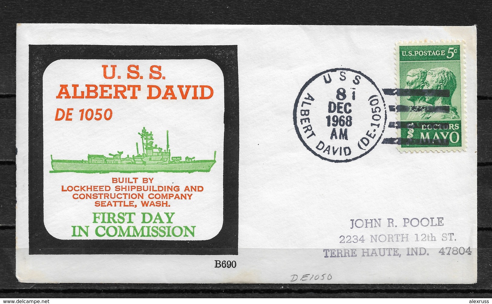 US 1968 Cachet Cover Ship Cancel From USS Albert David Cancellation !!,US NAVY,VF-XF (RN-6) RARE !! - Ships