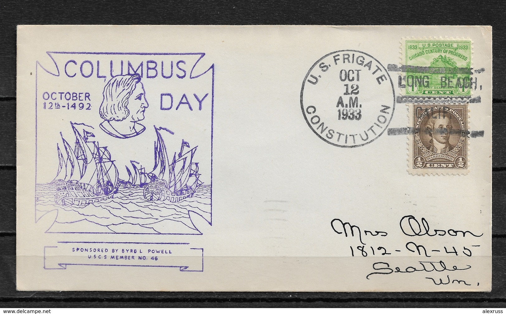 US 1933 Cachet Cover RARE,US Frigate Constitution Ship Cancel ! Columbus Day, Ships (RN-6) - Ships