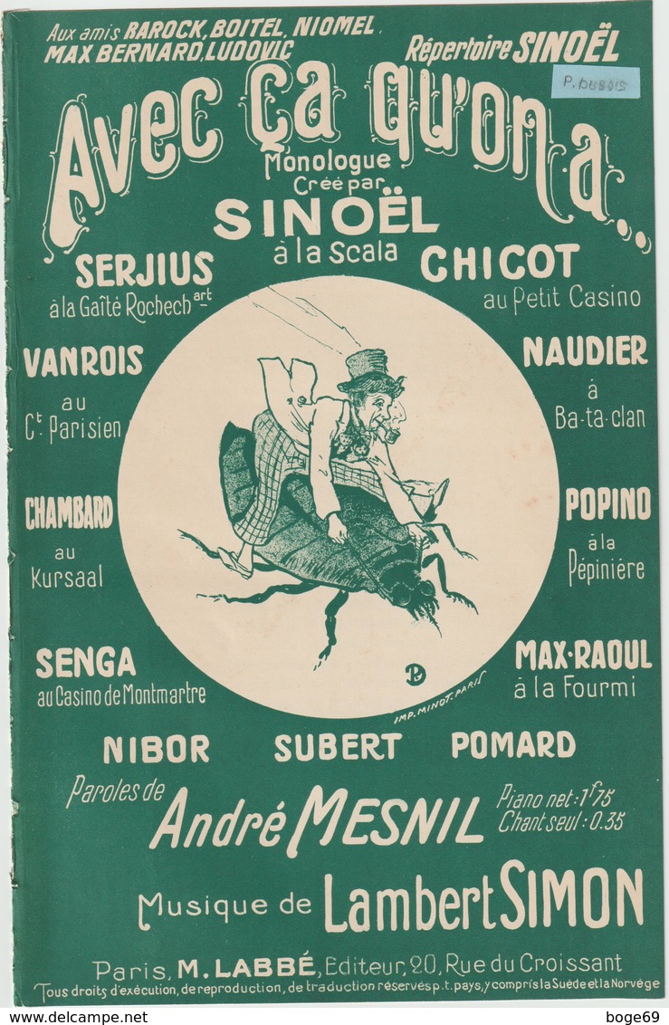 (GEO1) AVEC CA QU' ON A , SINOEL , CHICOT , Musique LAMBERT SIMON , Paroles ANDREE MESNIL , Illustration PD - Partitions Musicales Anciennes