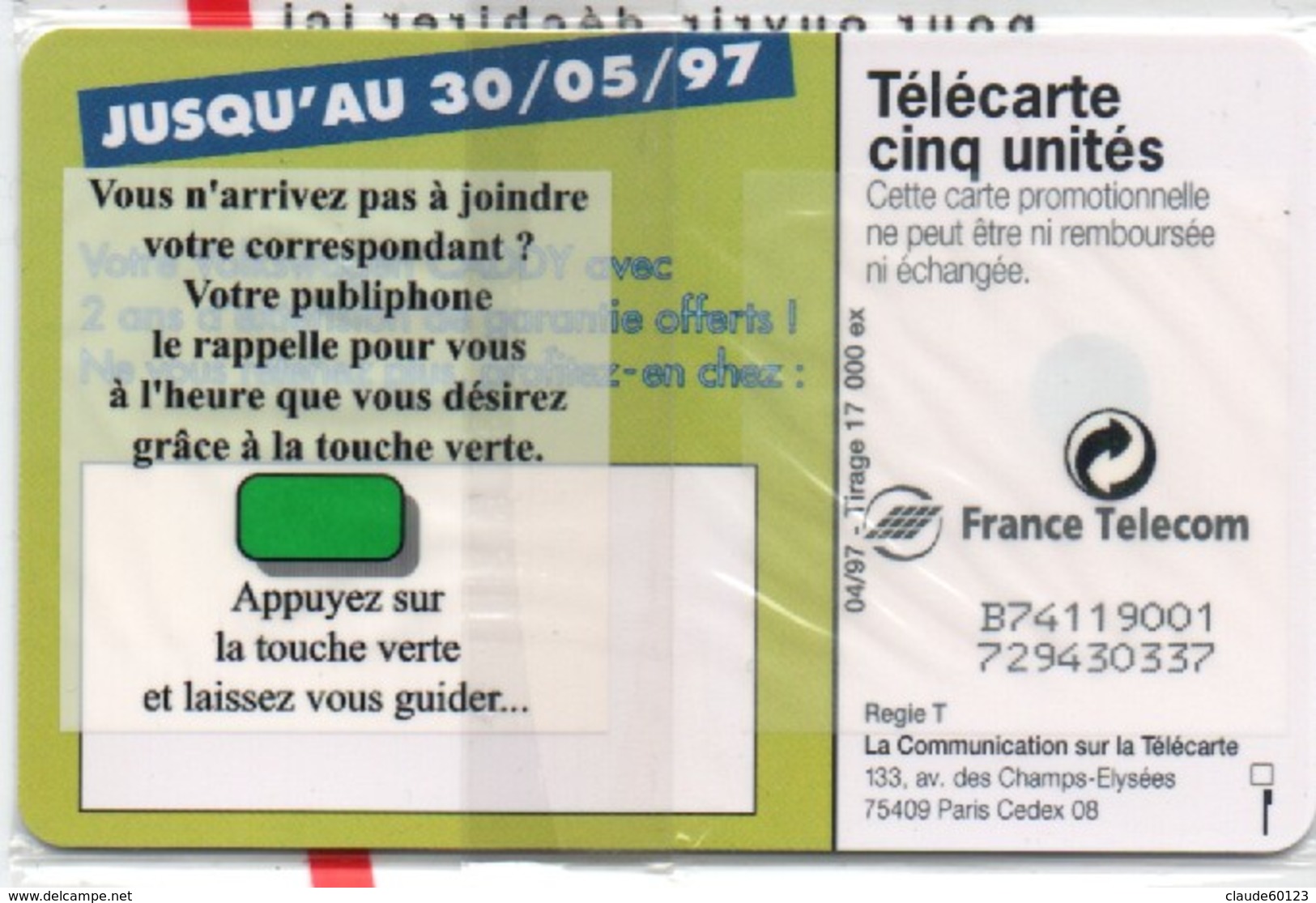 Télécarte Cinq Unités Française Réf Gn358 NSB Cote 8 € ( TBE Voir Les 2 Scans ) - 5 Unidades