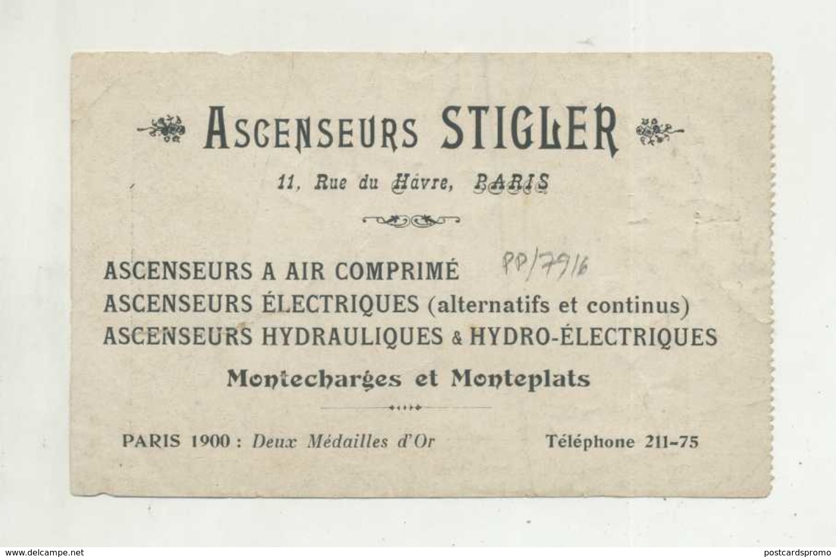 Billet  De ASCENSEURS " STIGLER " - Paris , 11 Rue De Hâvre - NOT POSTCARD ( 2 Scans ) - Other & Unclassified