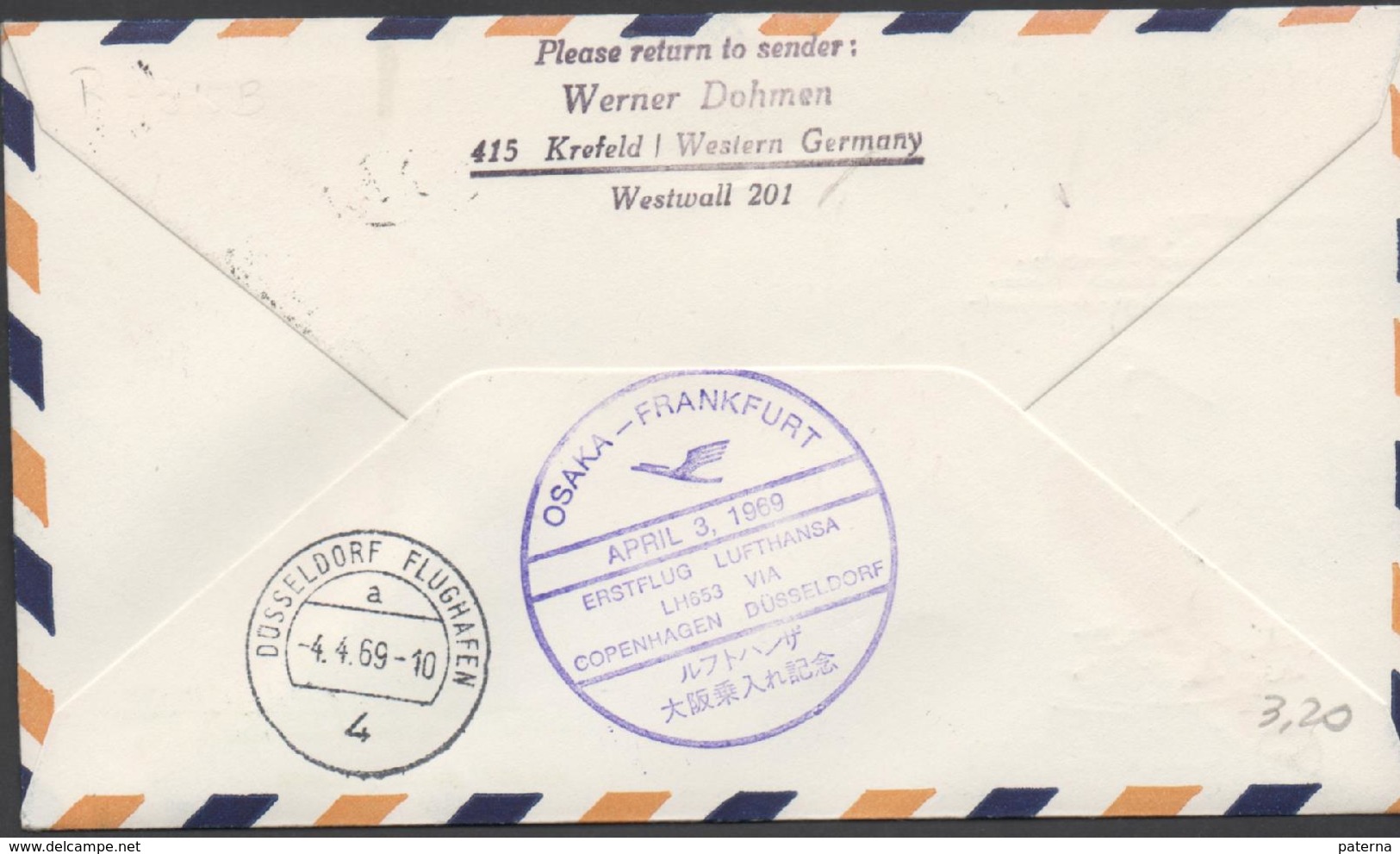 3375   Carta Osaka, 1969, , 1º Vuelo, Lufthansa  Osaka--Frankfurt , Via Copenhagen - Dusseldorf - Covers & Documents