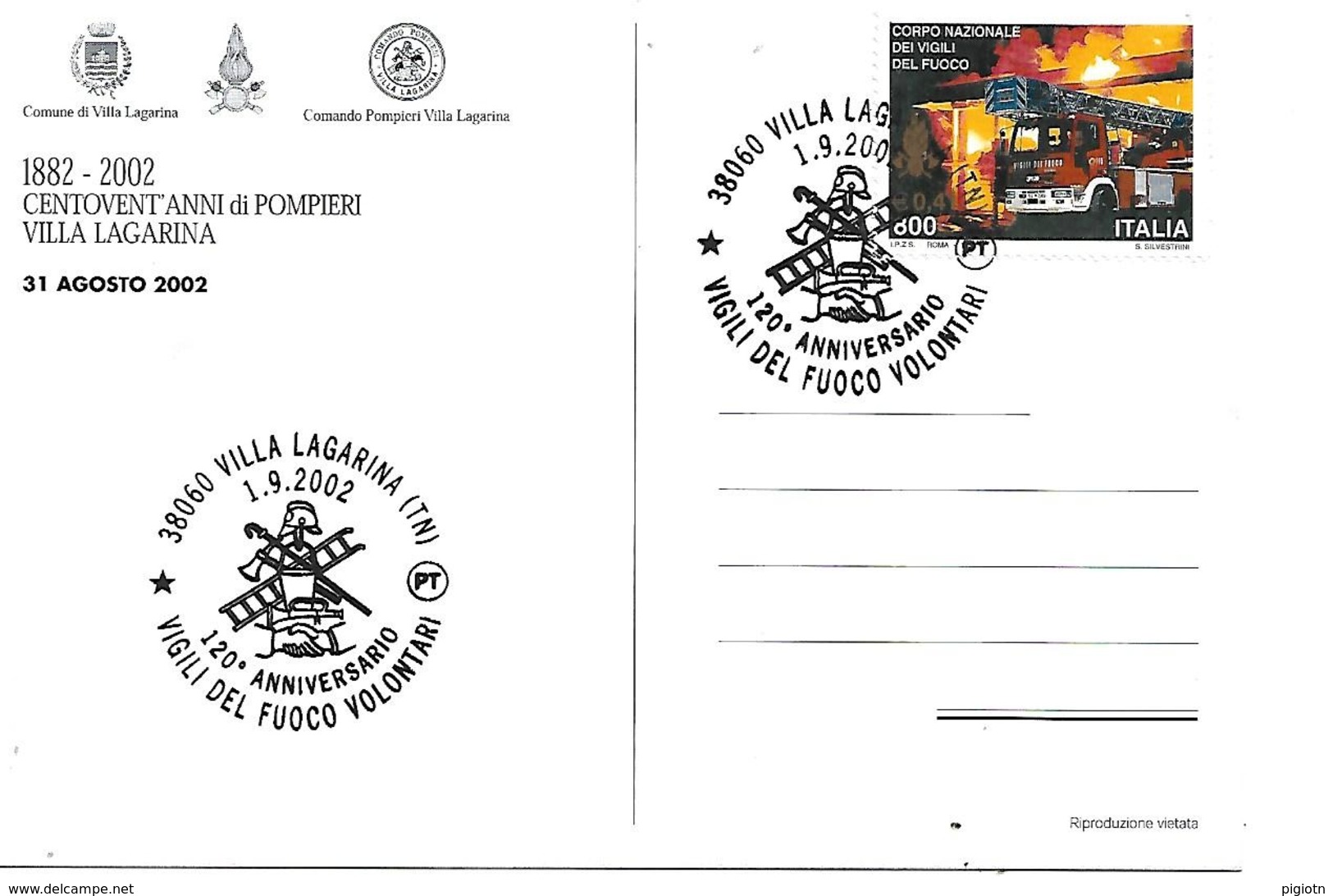 MF300 - ANNULLO VILLA LAGARINA -120° ANNIVERSARIO VIGILI DEL FUOCO VOLONTARI -  1.9.2002 SU CARTOLINA - 2001-10: Storia Postale