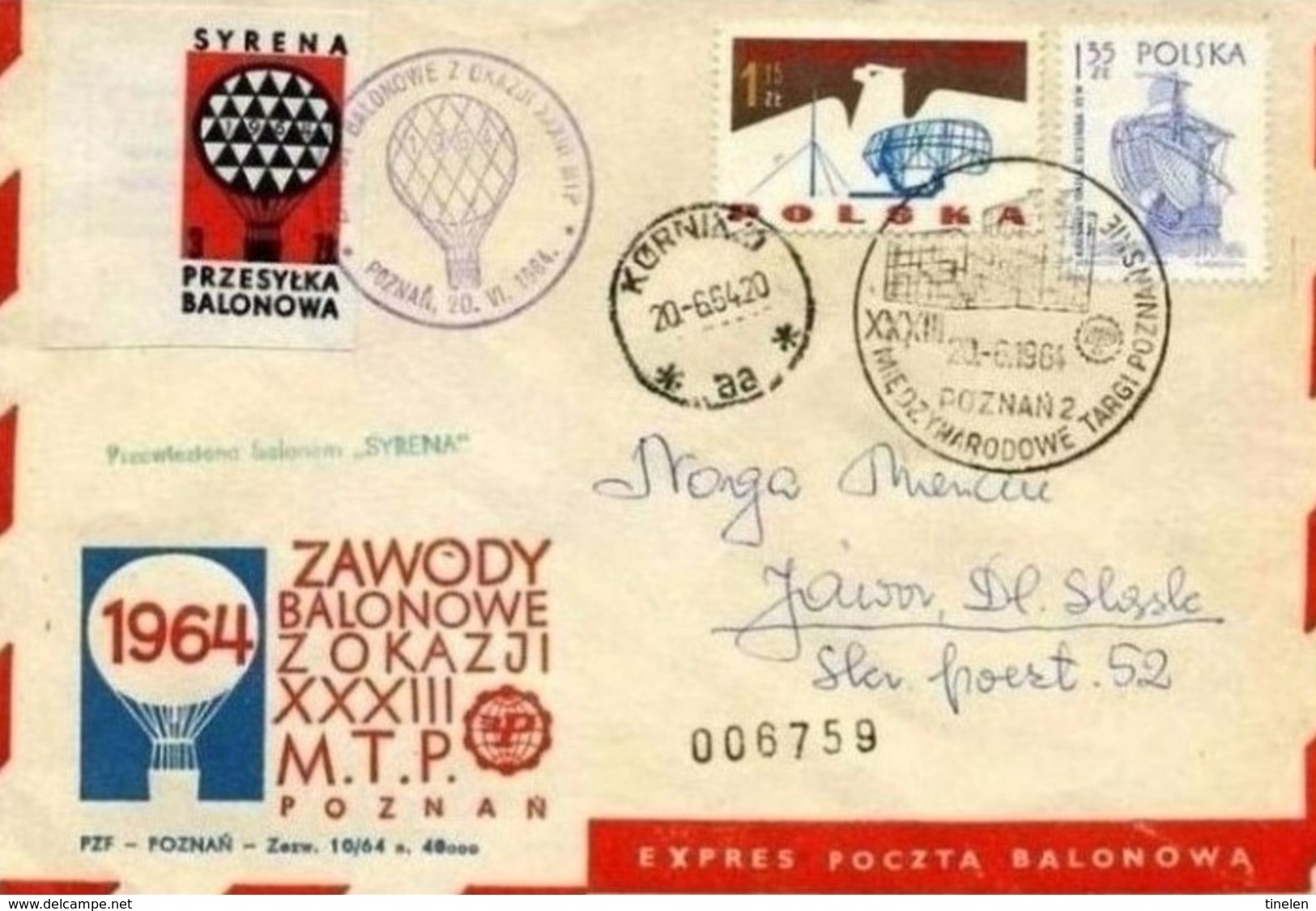 POLONIA- 1964 SYRENA BALLOON FLIGHT COVER & TIED LABEL - Mongolfiere