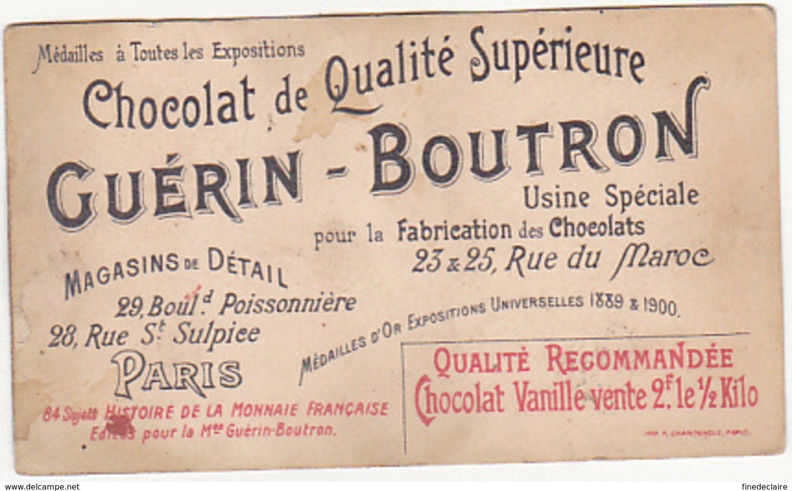 Chromo - Chocolat Guérin Boutron - Histoire De La Monnaie Française - Gaule Romaine, Bronze De Néron En L'an 60 - Guérin-Boutron