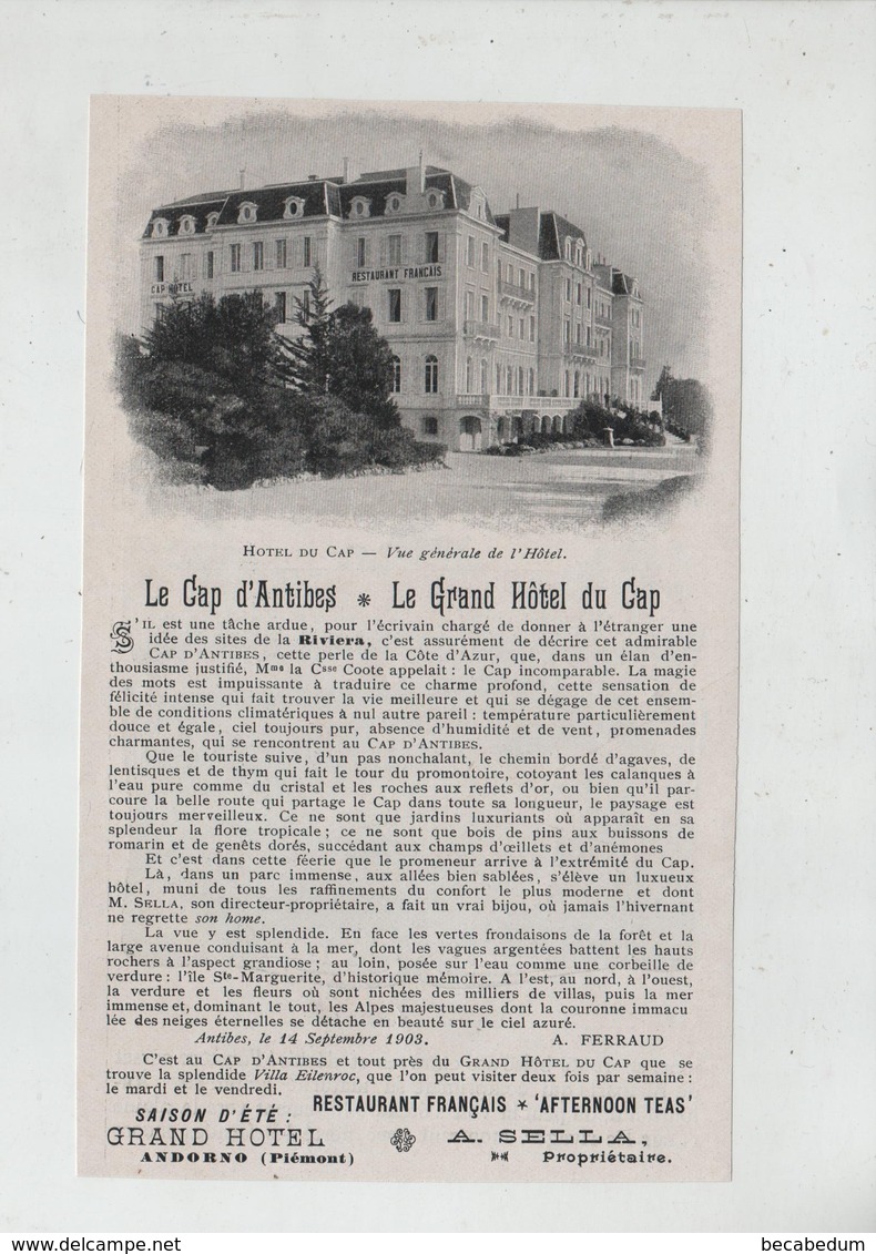 Publicité 1904 Le Cap D'Antibes Grand Hôtel Restaurant Français Ferraud - Publicités