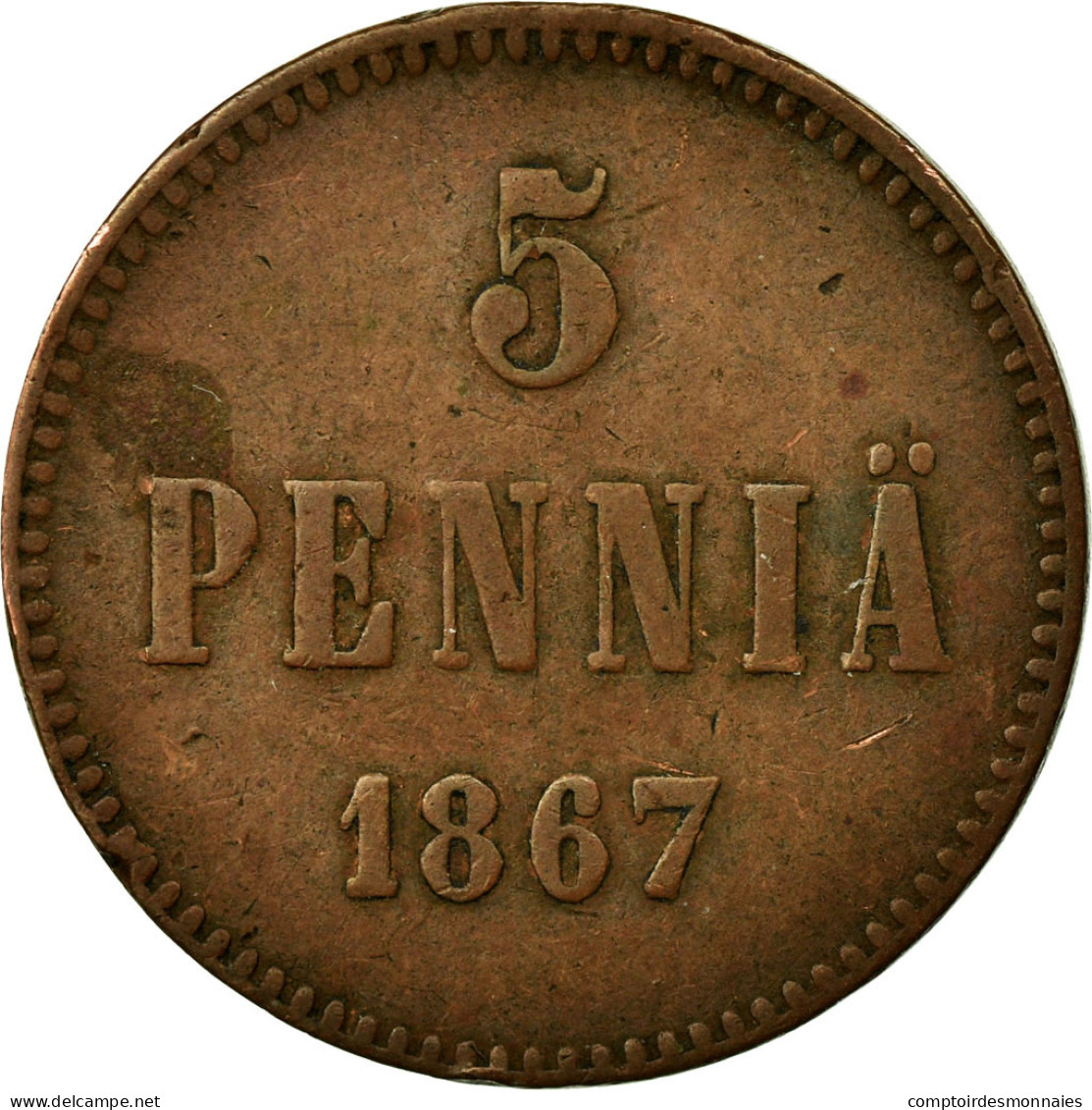 Monnaie, Finlande, Alexander II, 5 Pennia, 1867, TTB, Cuivre, KM:4.1 - Finlande