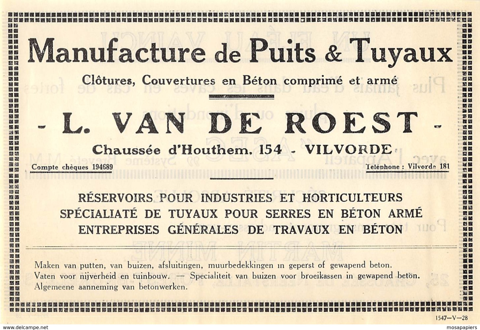 1928 - VILVORDE - Manufacture De Puits Et Tuyaux - L. Van De Roest - Dim. 1/2 A4 - Advertising