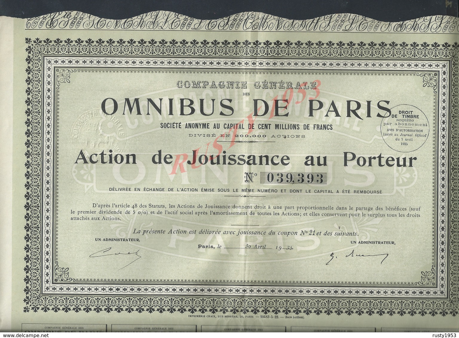 ACTION OMNIBUS DE PARIS 1935 : - Transporte