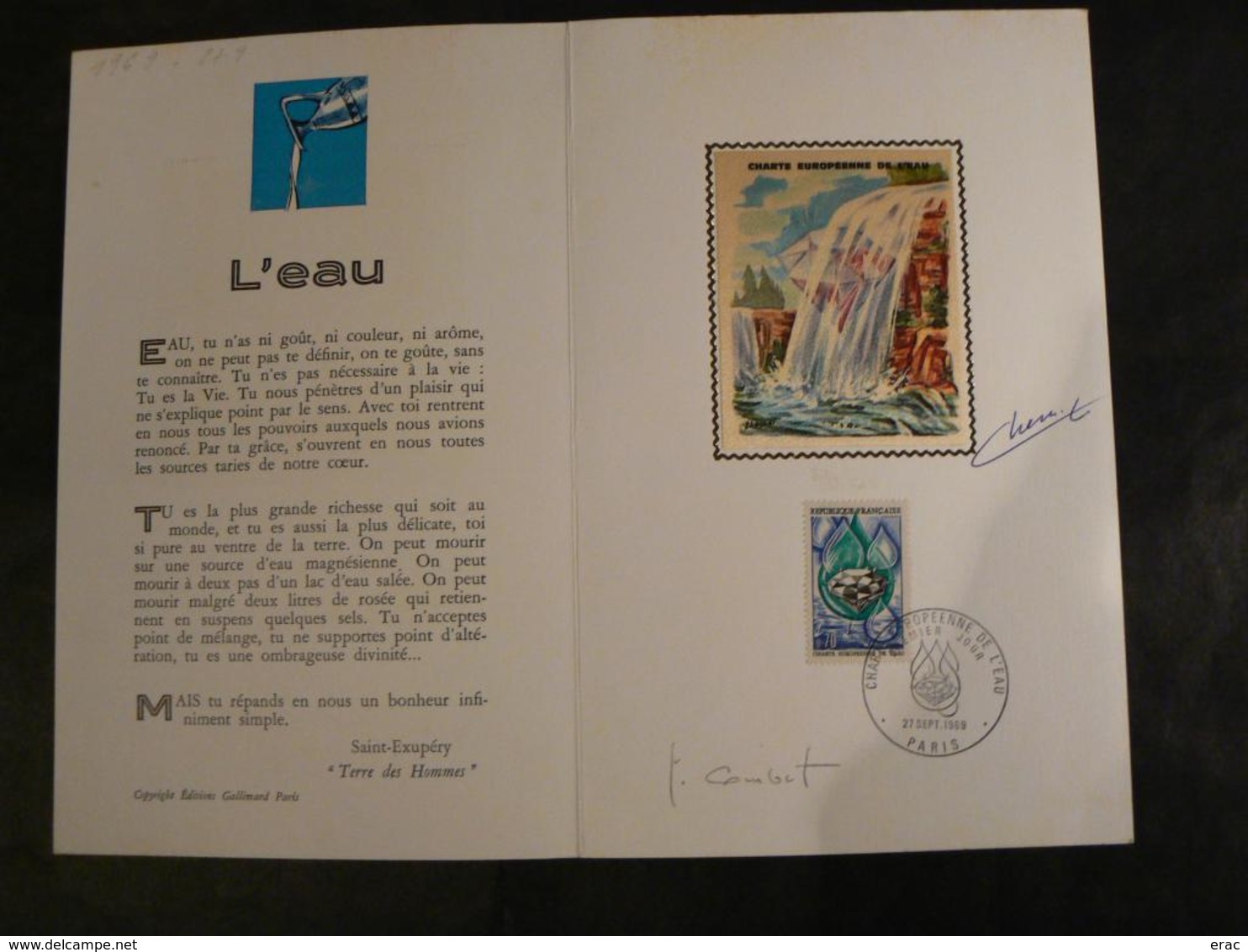 Document "Charte Européenne De L'eau" - Soie De Chesnot Et Sa Signature + Signature Combet - 1968 - Documents De La Poste