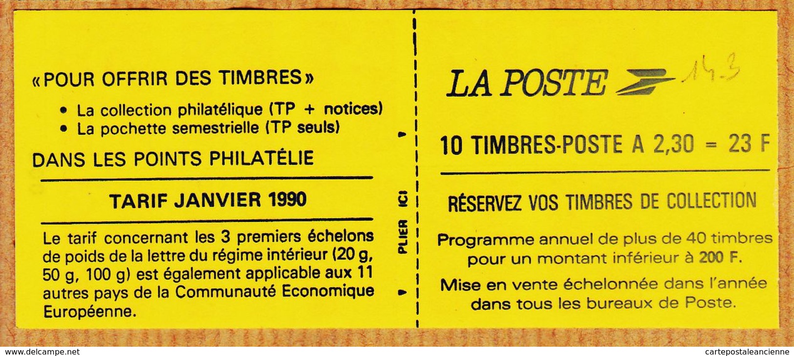 Tb013 Carnet Non Plié 2630 C1 Daté 27-12-89 N°003 Marianne BRIAT 10x2.30 Fr Adhésif N.D Tarif Janvier 1990 - Autres & Non Classés