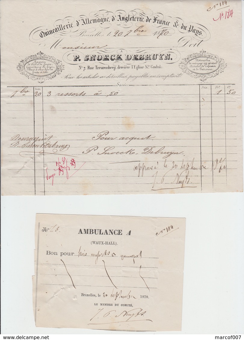 Guerre 1870 -  Facture Quincaillerie - P.snoeck Debruyn - Bxl - Par Ambulance A -  Waux-hall - Bon Pour  - 1870 - Documents Historiques