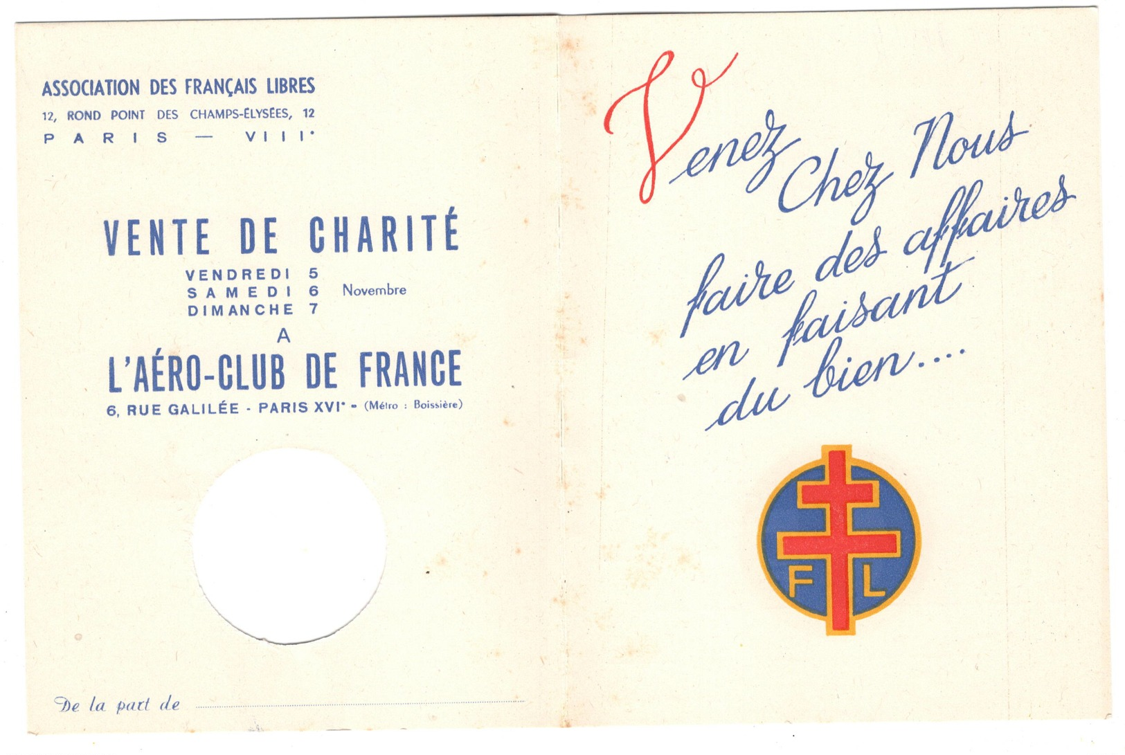 WW2  Association Des Français Libres  Croix De Lorraine  Vente De Charité  Sd Aero Club De France à Paris - Documents Historiques