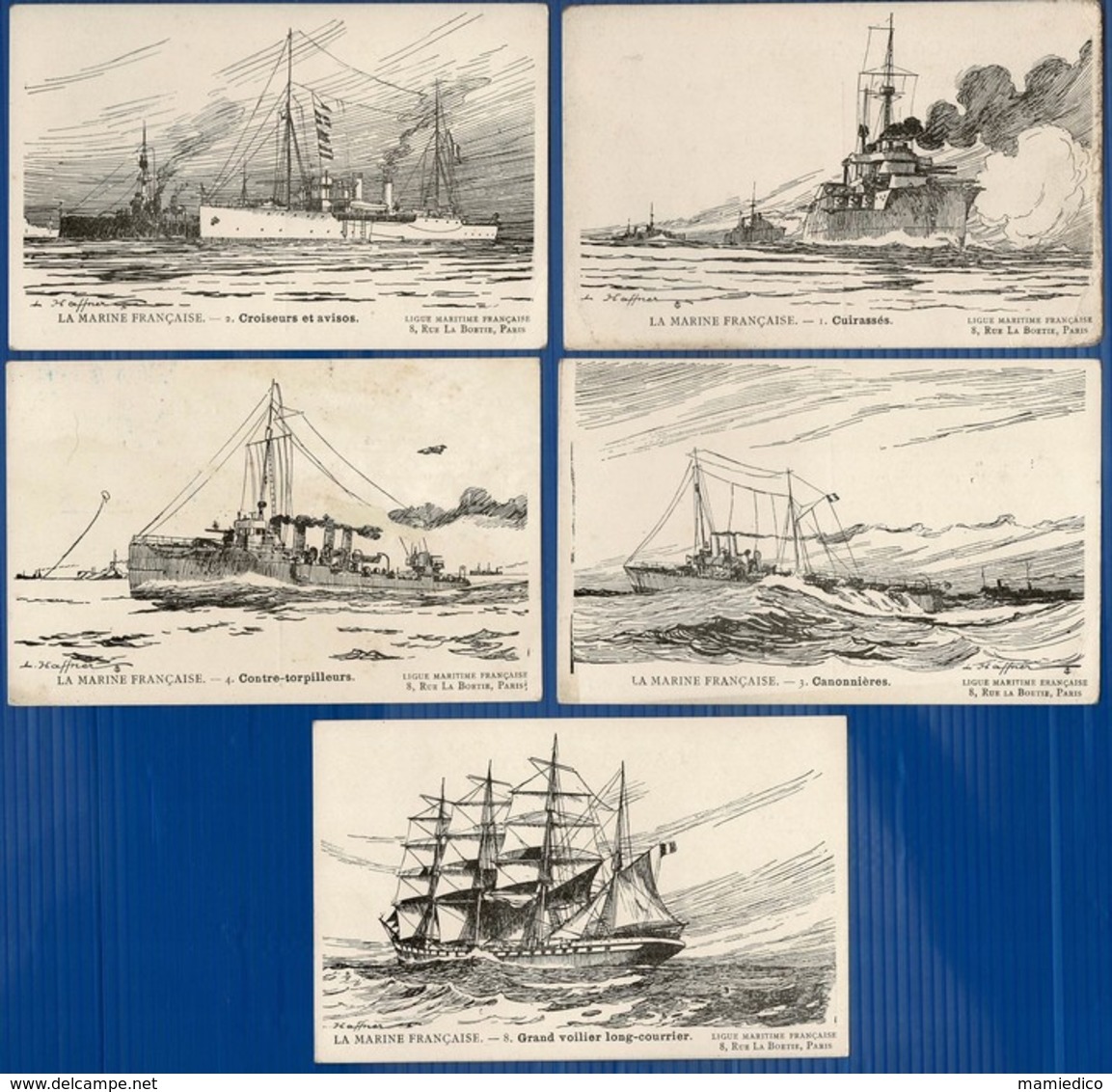 20 CP " LA MARINE FRANCAISE" Dessins HAFFNER:Croiseur,Yaght,Aviso,Voilier,Paquebot,Goëlette,Cannonière,Contre-Torpilleur - 5 - 99 Cartes