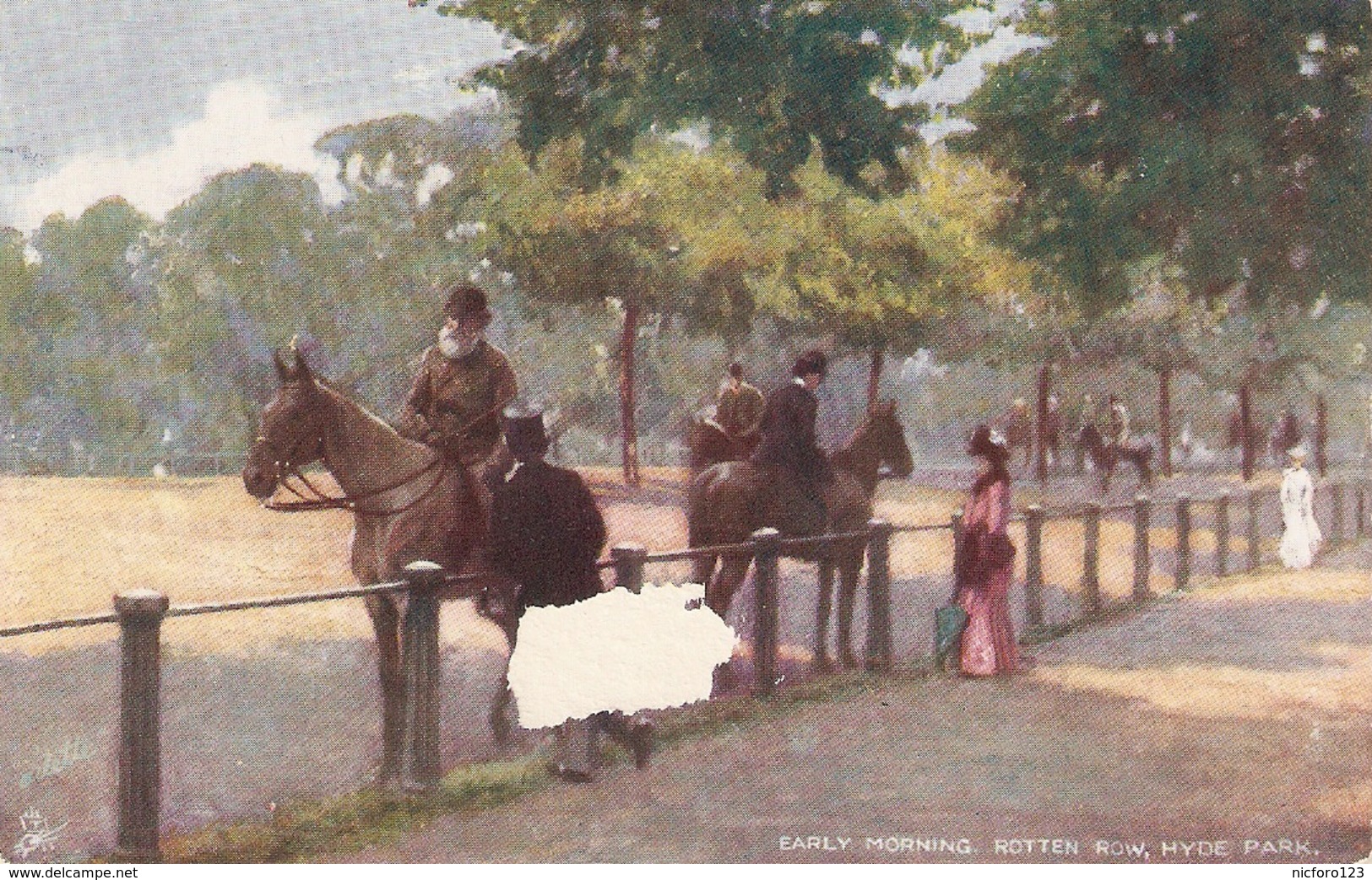 "Early Morning Rotten Row, . Hyde Park" Tuck Oilette Hyde Park Series PC # 7180 - Tuck, Raphael