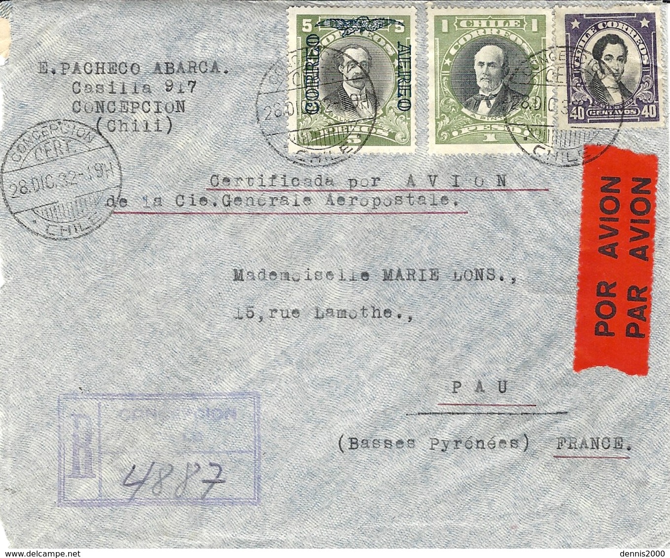 1932- Enveloppe RECC. Par Avion De Concepcion ( Chili ) Pour Pau -  Cie Générale Aéropostale - 1960-.... Storia Postale