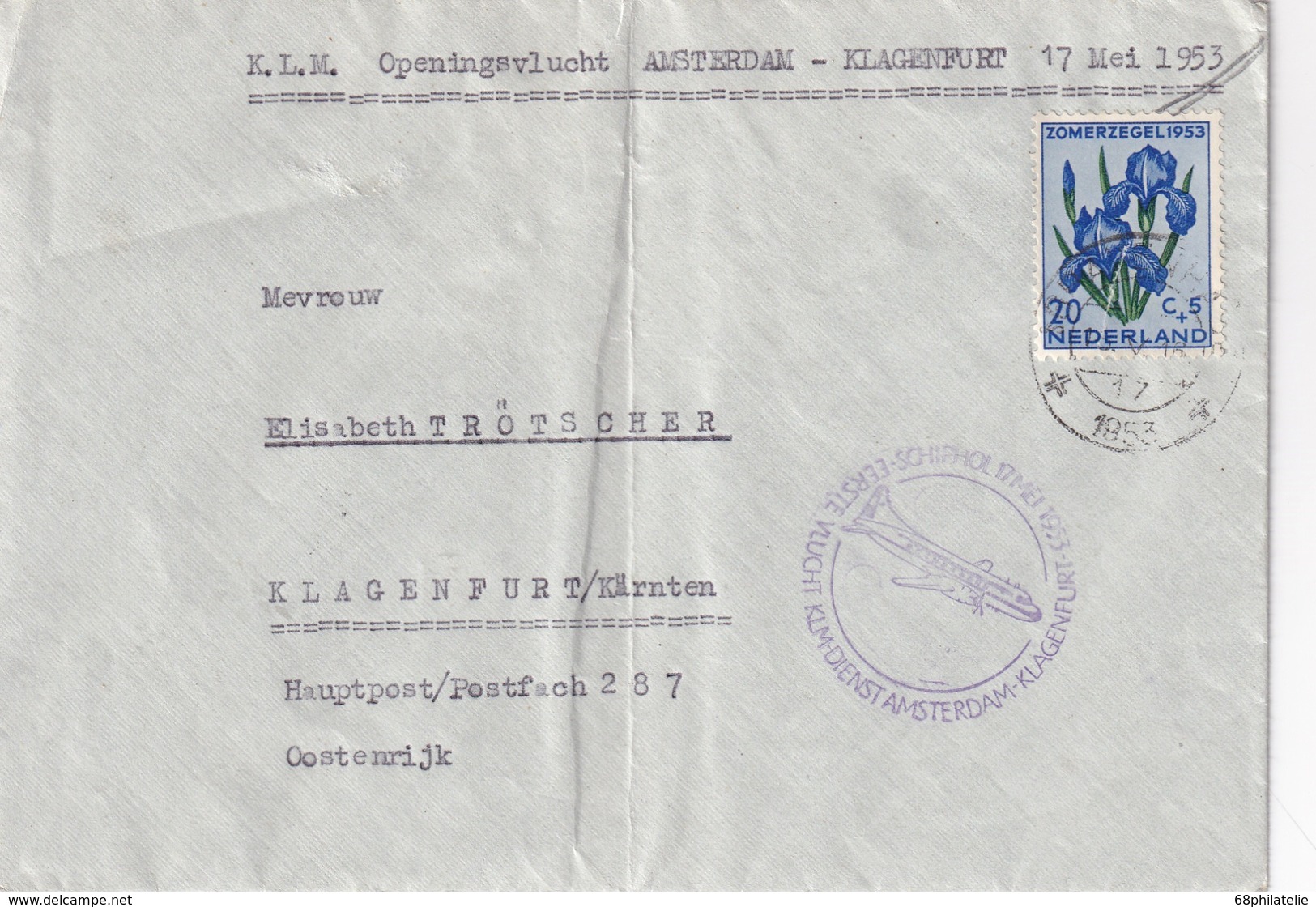 PAYS- BAS 1953 LETTRE DE GRAVENHAGE  1ER VOL AMSTERDAM-KLAGENFURT - Lettres & Documents