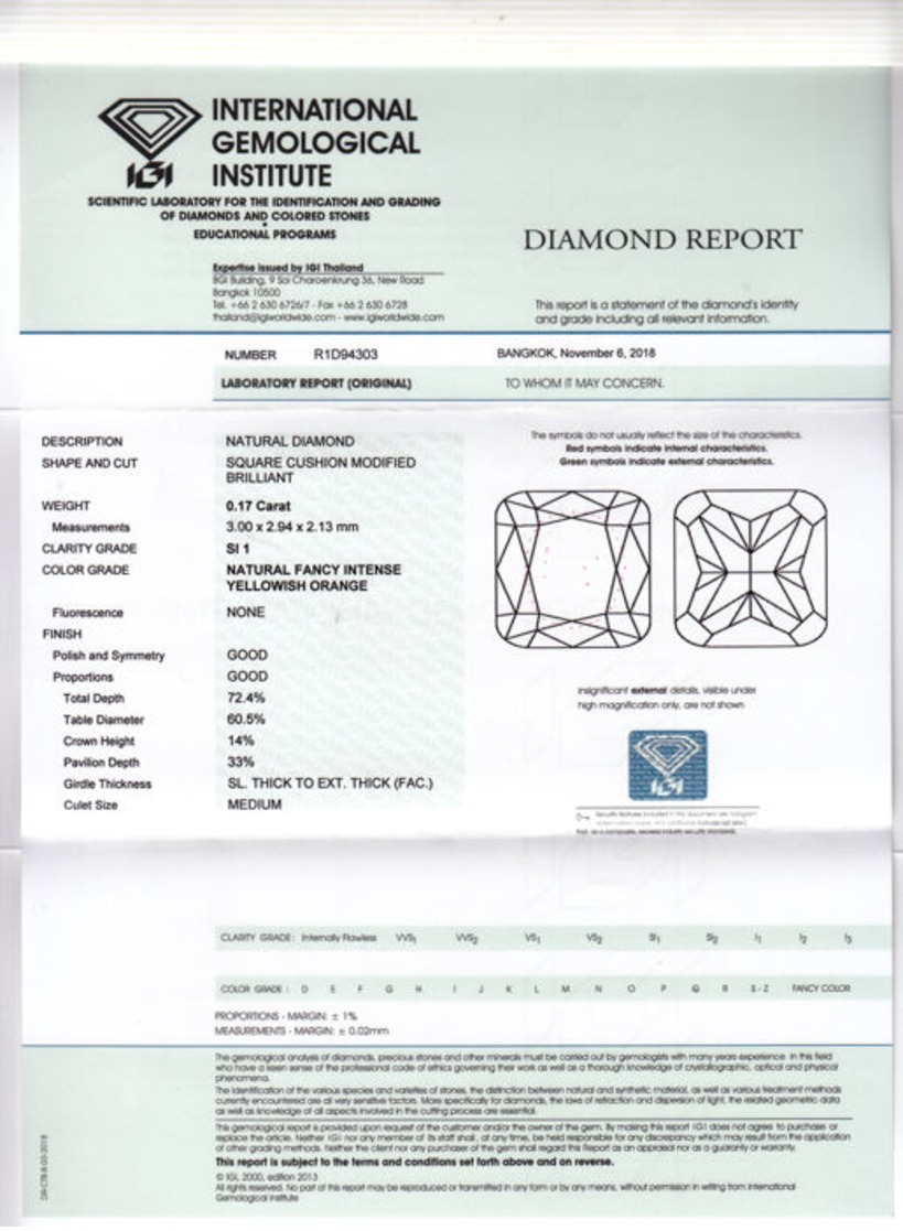 Diamant - 0.17 ct - Carré - Natural Fancy Intense Yellowish Orange - SI1 IGI