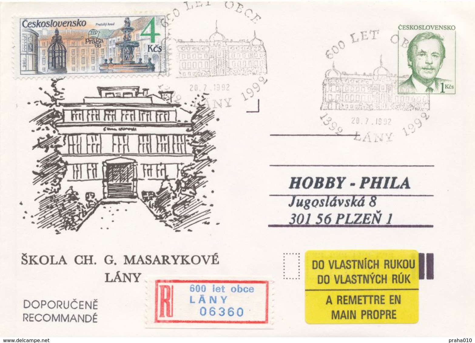 I0239 - Tschechoslowakei (1992) Ganzsachen / Präsident V. Havel: Lany - Schule Von Ch. G. Masaryk (600 Jahre Dorf) - Enveloppes