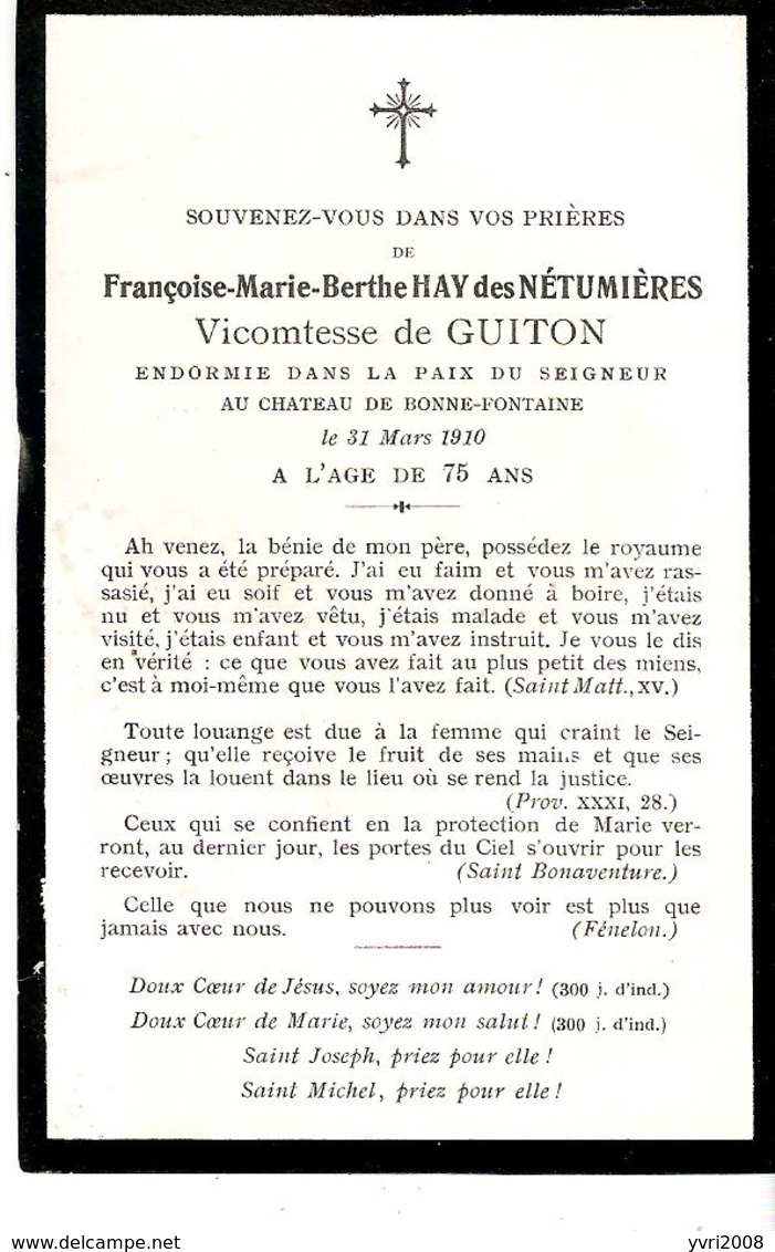 Faire-part Françoise HAY Des NETUMIERES - Vicomtesse De GUITON - Château De Bonne-Fontaine 31/3/10 - Décès