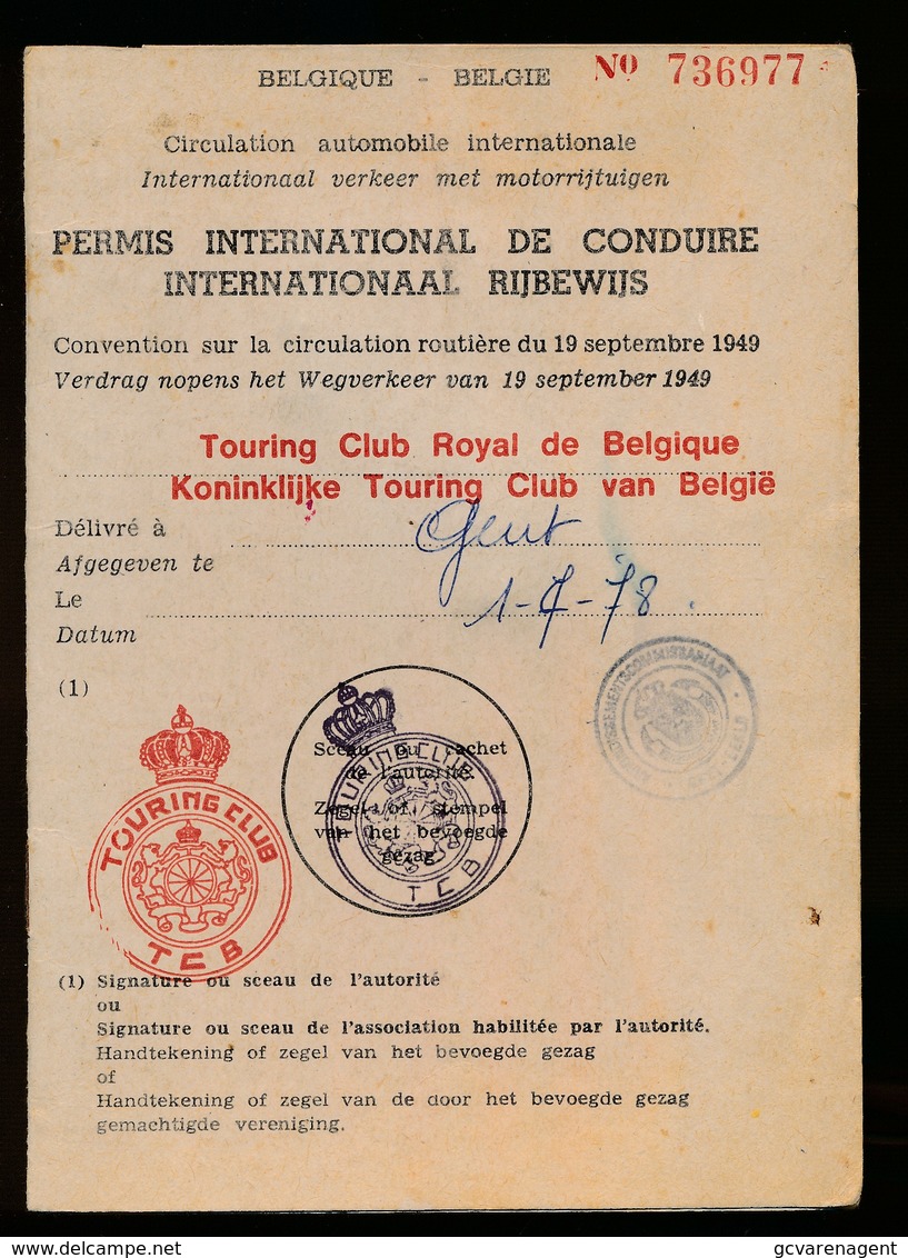 PERMIS INTERNATIONAL DE CONDUIRE - TOURING CLUB ROYAL DE BELGIQUE  ( BELGIQUE )   VOIR SCANS - Documentos Históricos