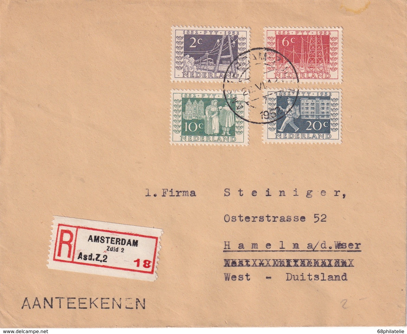 PAYS-BAS 1952 LETTRE  RECOMMANDEE DE AMSTERDAM AVEC CACHET ARRIVEE HAMELN - Lettres & Documents