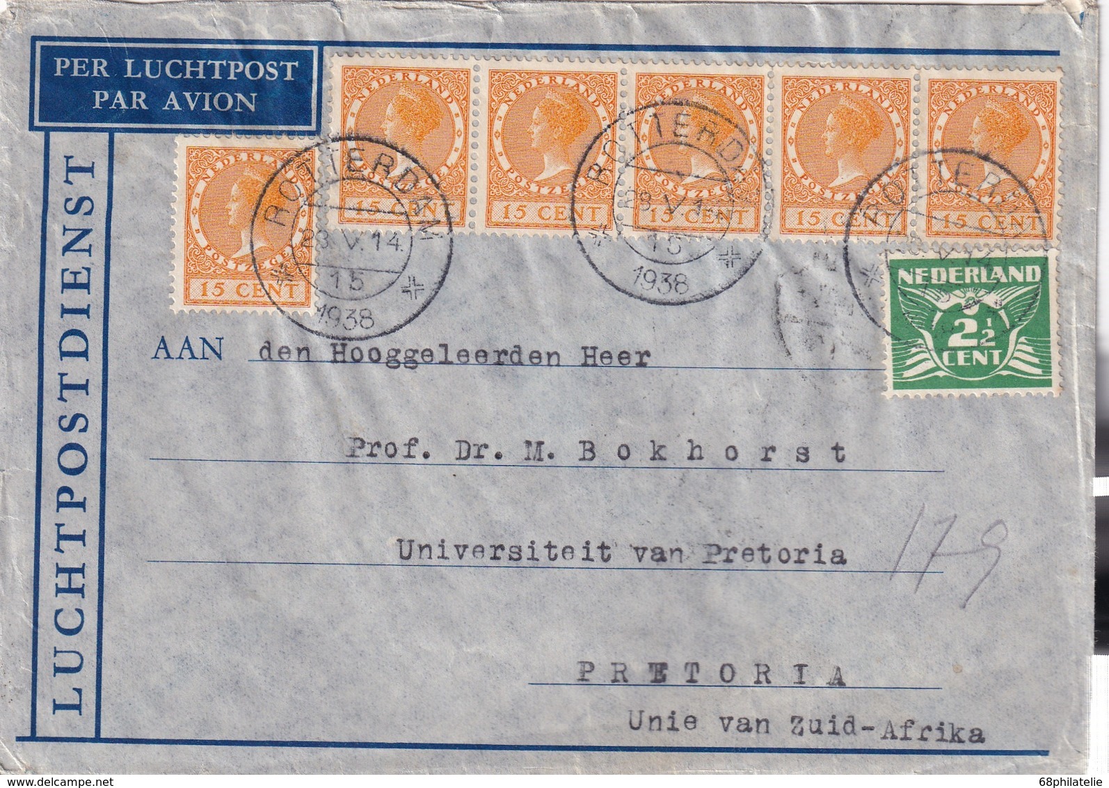 PAYS-BAS 1938 PLI AERIEN DE ROTTERDAM POUR PRETORIA - Lettres & Documents