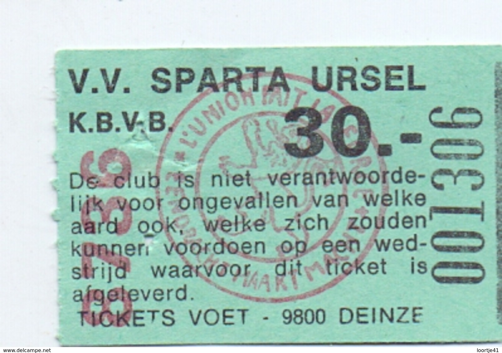 Ticket D' Entrée Ingangsticket - Voetbalploeg V.V. Sparta Ursel - 30 Frank - Tickets D'entrée