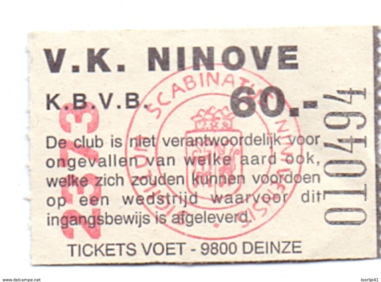 Ticket D' Entrée Ingangsticket - Voetbalploeg V.K. Ninove - 60 Frank - Tickets D'entrée