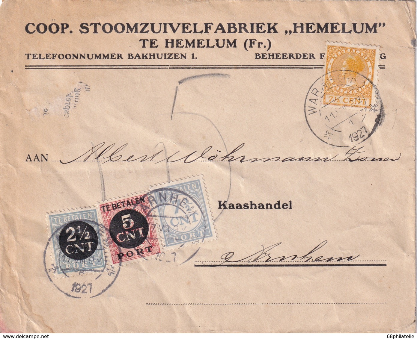 PAYS-BAS 1927 LETTRE TAXEE DE WARNS POUR ARNHEM - Lettres & Documents