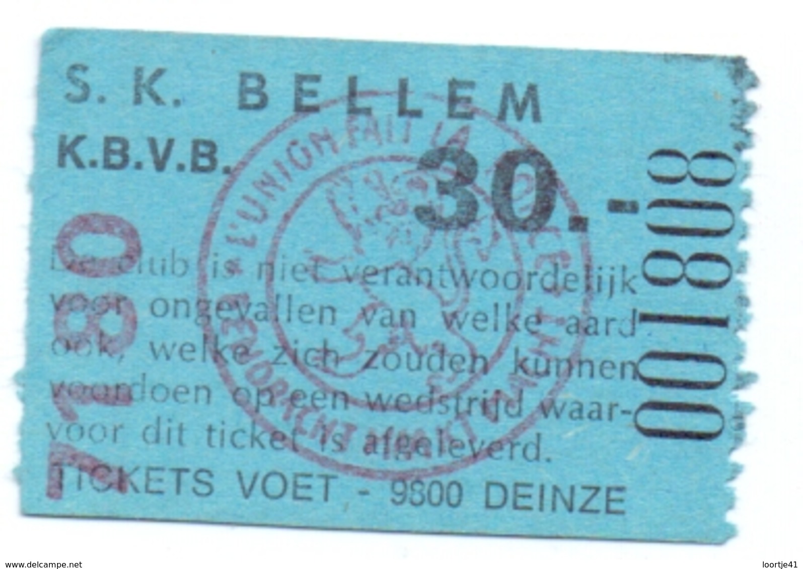 Ticket D' Entrée Ingangsticket - Voetbalploeg S.K. Bellem - 30 Frank - Biglietti D'ingresso