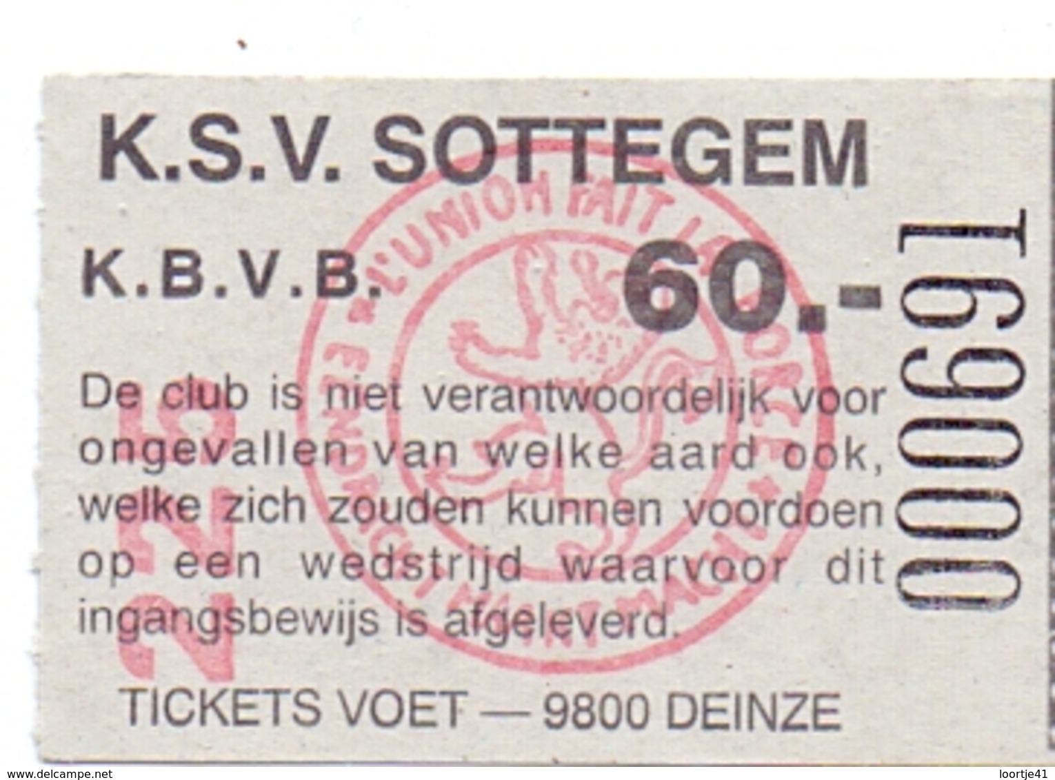 Ticket D' Entrée Ingangsticket - Voetbalploeg K.S.V. Sottegem - 60 Frank - Zottegem - Eintrittskarten