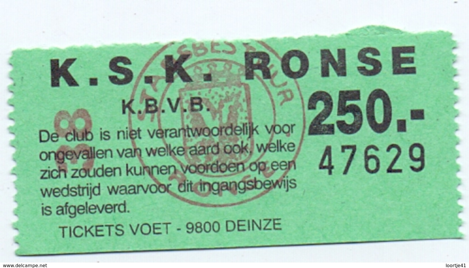 Ticket D' Entrée Ingangsticket - Voetbalploeg K.S.K. Ronse - 250 Frank - Tickets - Vouchers