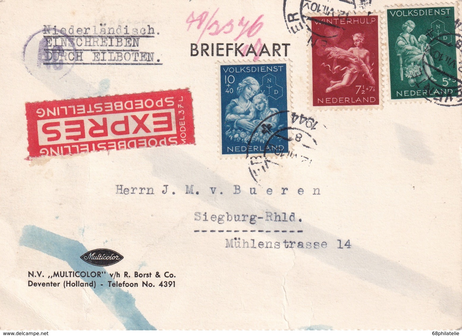PAYS-BAS 1944 CARTE EXPRES CENSUREE DE DEVENTER POUR SIEGBURG - Lettres & Documents