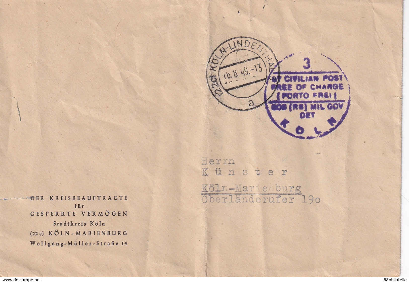 ALLEMAGNE 1949 ZONE ANGLO-AMERICAINE LETTRE EN FRANCHISE DE KÖLN - Autres & Non Classés