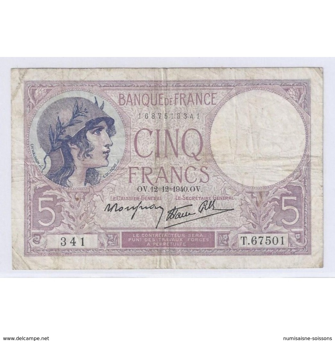 FAY 04/17 - 5 FRANCS VIOLET - 12/12/1940 - TRES BEAU - PICK 83 - - 5 F 1917-1940 ''Violet''