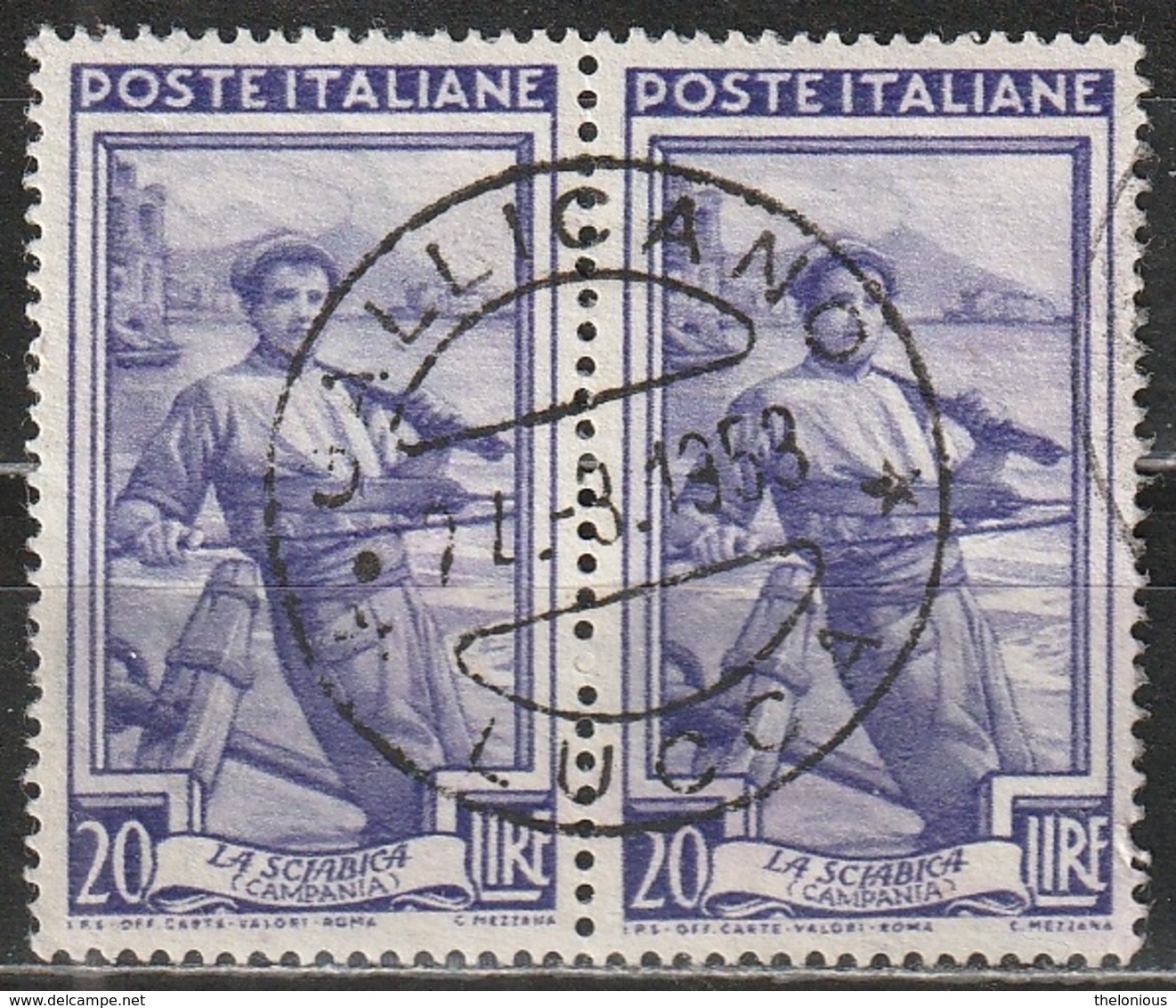 Timbro Tondo Gallicano - Lucca - 24-3-1953 - 20 Lire Coppia, Italia Al Lavoro - 1946-60: Afgestempeld