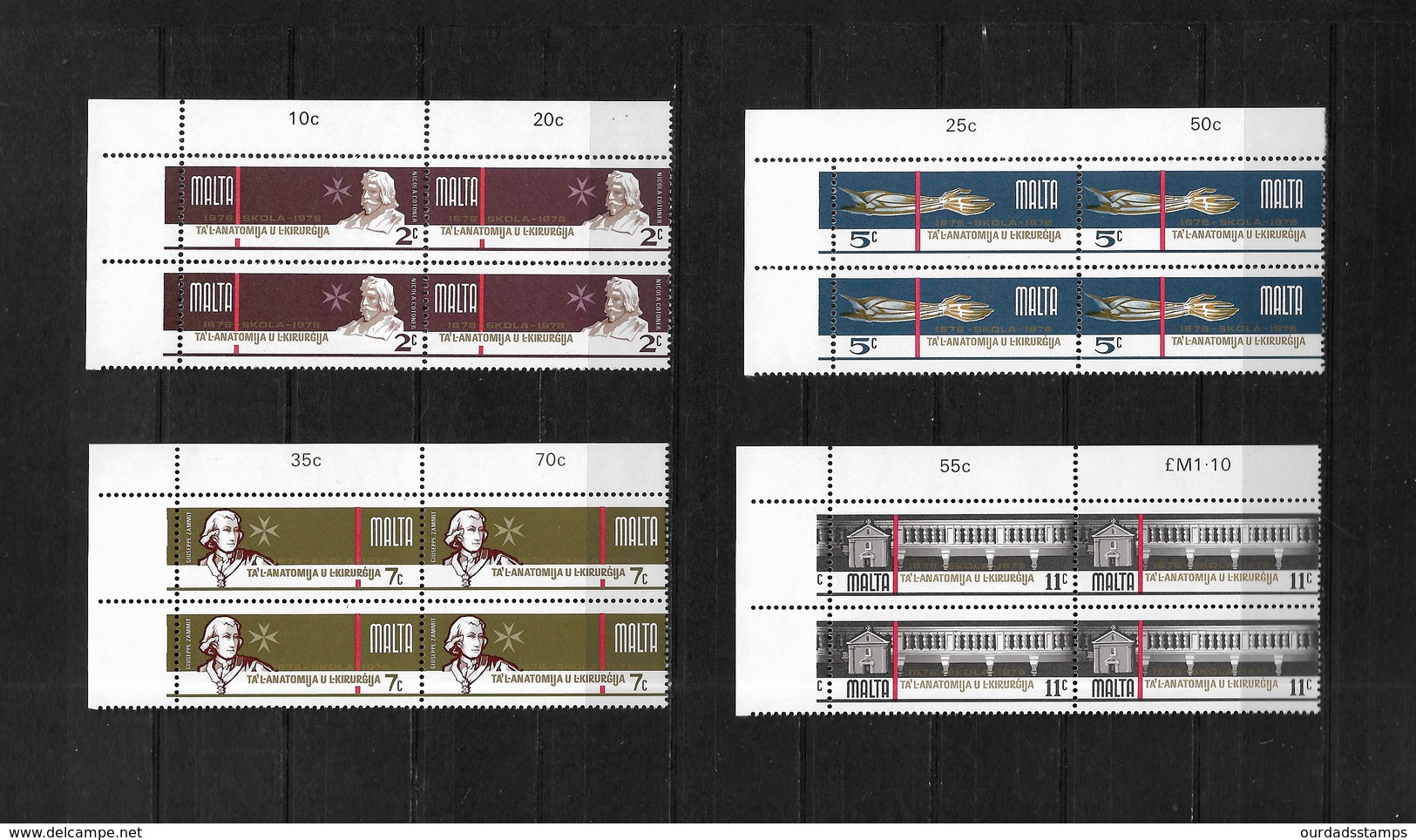 Malta 1976 School Of Anatomy, Complete Set In MNH Corner Marginal Blocks Of Four (7540) - Malta